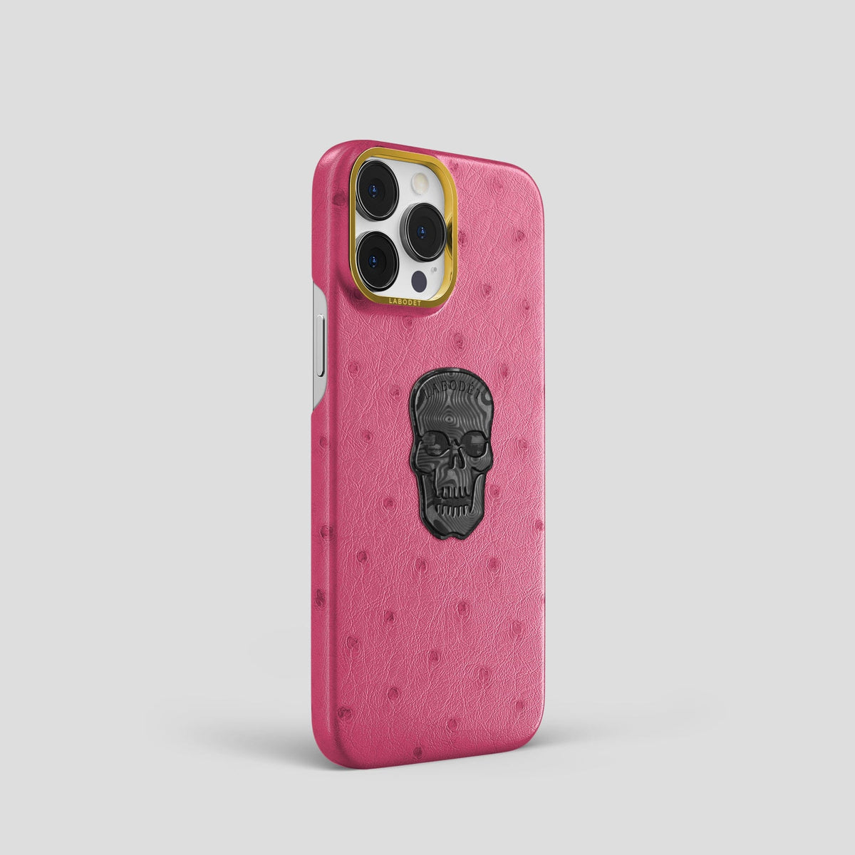Petal Pink iPhone 14 Pro Classic Case Ostrich with Gold Metal -2 | Petal-Pink-Gold