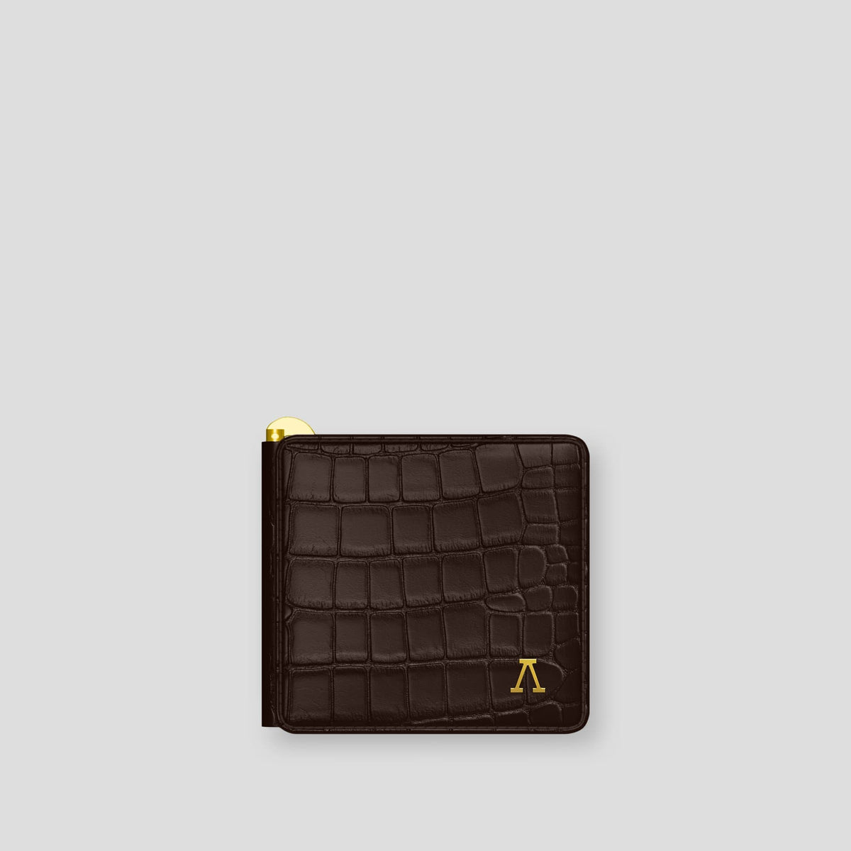 Dark Brown Money Clip Wallet Case Alligator with Gold Metal -1 | Dark-Brown-Gold