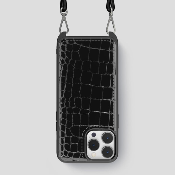 Black iPhone 14 Pro Max Crossbody Sport Case Shiny Alligator -1 | Black