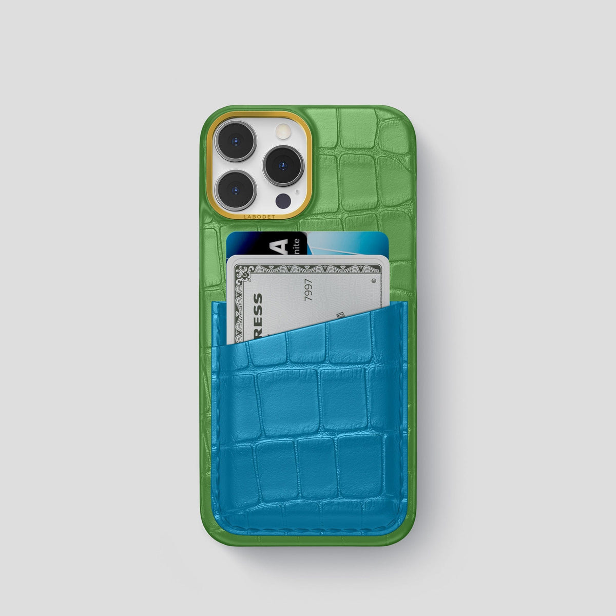 Apple-Green-Curaçao-Blue iPhone 14 Pro Card Case Alligator with Gold Metal -1 | Apple-Green-Curaçao-Blue-Gold