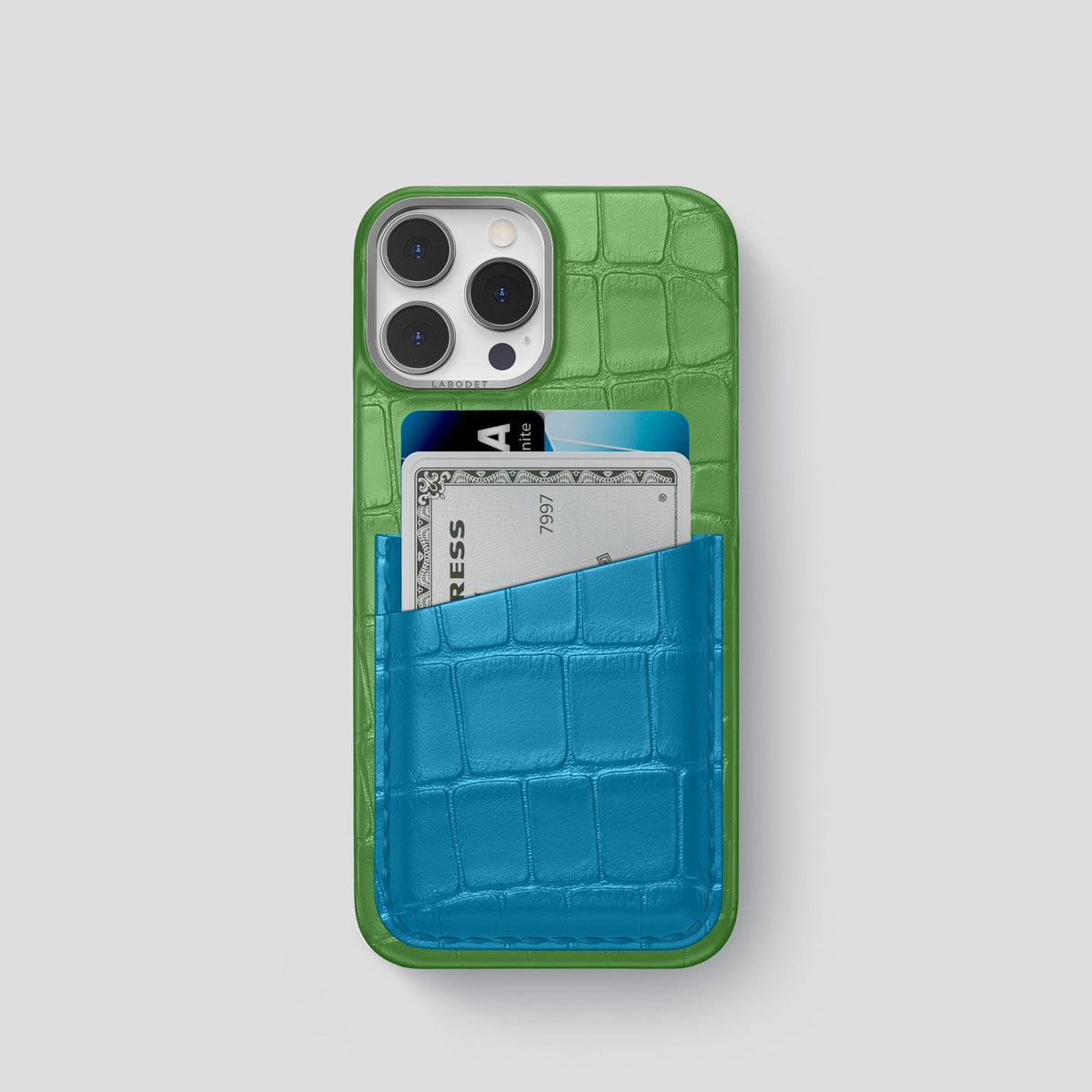 Apple-Green-Curaçao-Blue iPhone 14 Pro Card Case Alligator with Steel Metal -1 | Apple-Green-Curaçao-Blue-Steel
