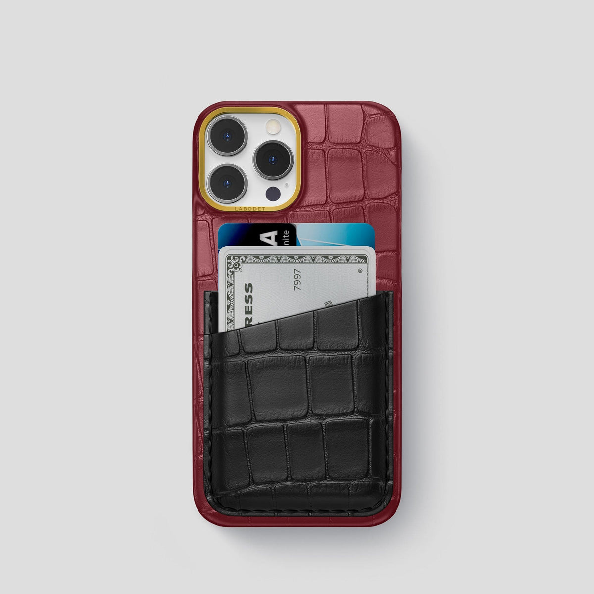 Burgundy-Black iPhone 14 Pro Card Case Alligator with Gold Metal -1 | Burgundy-Black-Gold