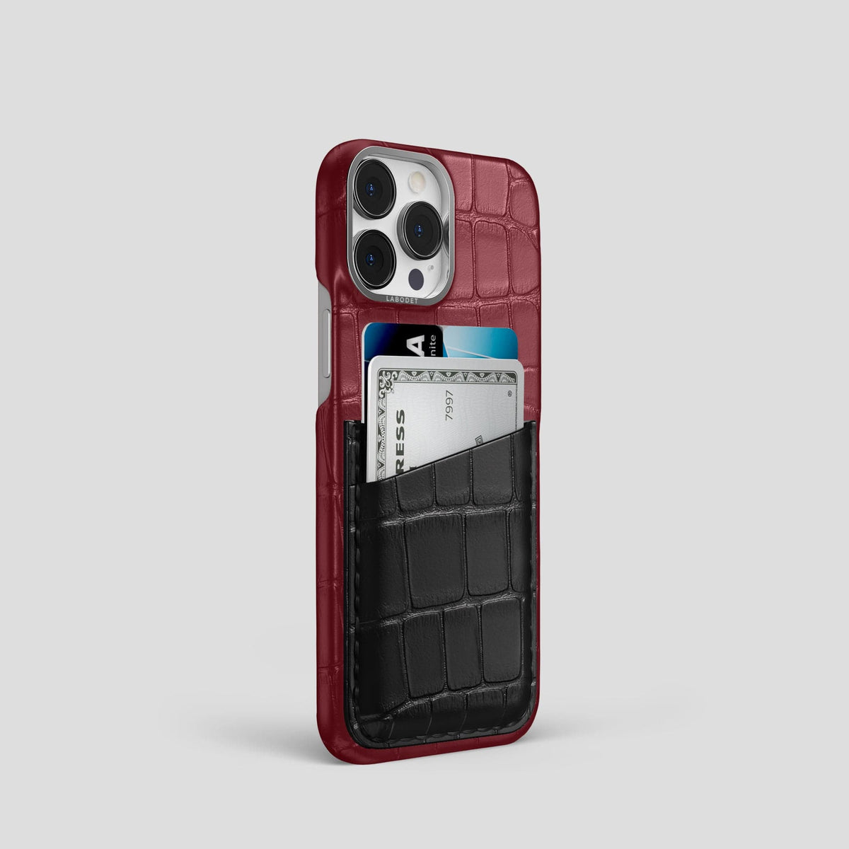 Burgundy-Black iPhone 14 Pro Card Case Alligator with Steel Metal -2 | Burgundy-Black-Steel