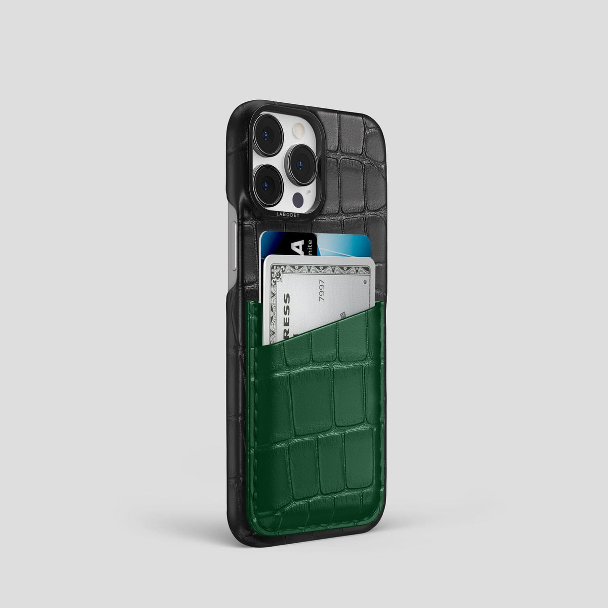Black-Green iPhone 14 Pro Card Case Alligator with Black Metal -2 | Black-Green-Black