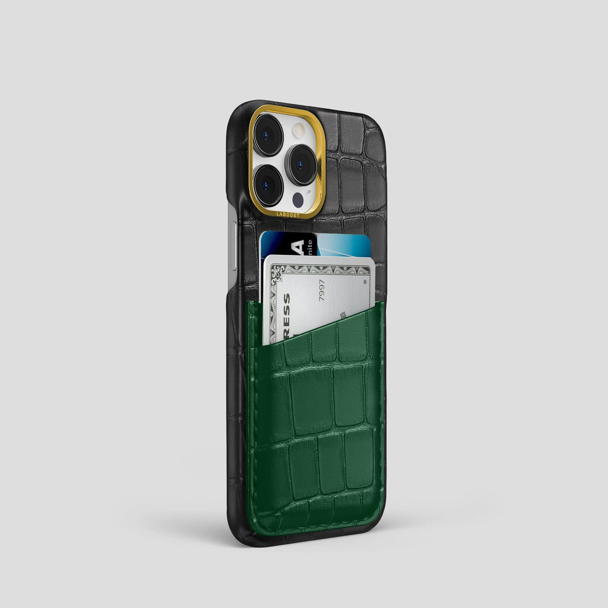 Black-Green iPhone 14 Pro Card Case Alligator with Gold Metal -2 | Black-Green-Gold