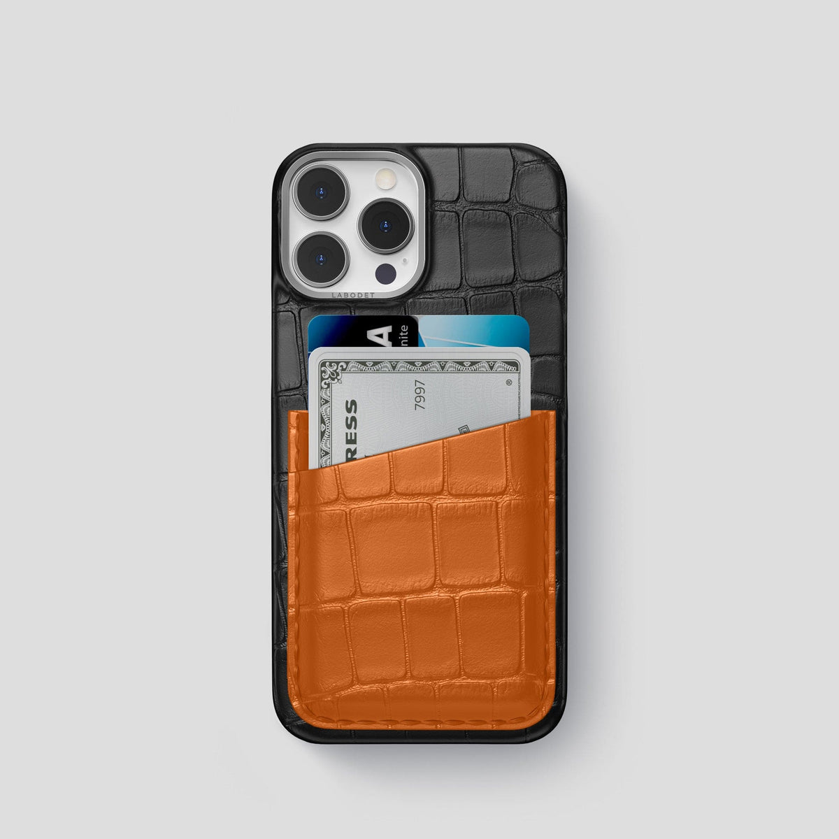 Black-Orange iPhone 14 Pro Card Case Alligator with Steel Metal -1 | Black-Orange-Steel