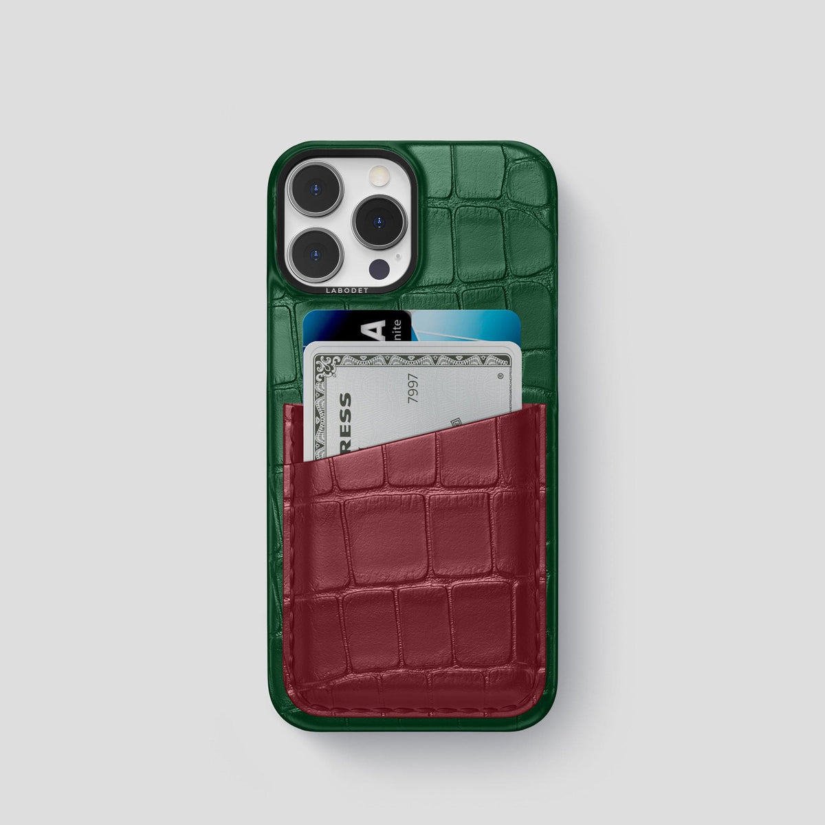 Green-Burgundy iPhone 14 Pro Card Case Alligator with Black Metal -1 | Green-Burgundy-Black