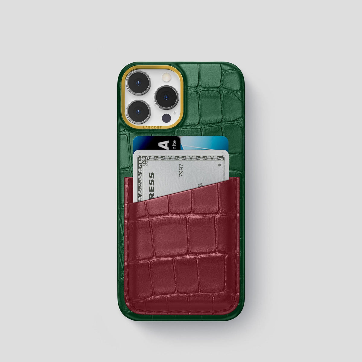 Green-Burgundy iPhone 14 Pro Card Case Alligator with Gold Metal -1 | Green-Burgundy-Gold