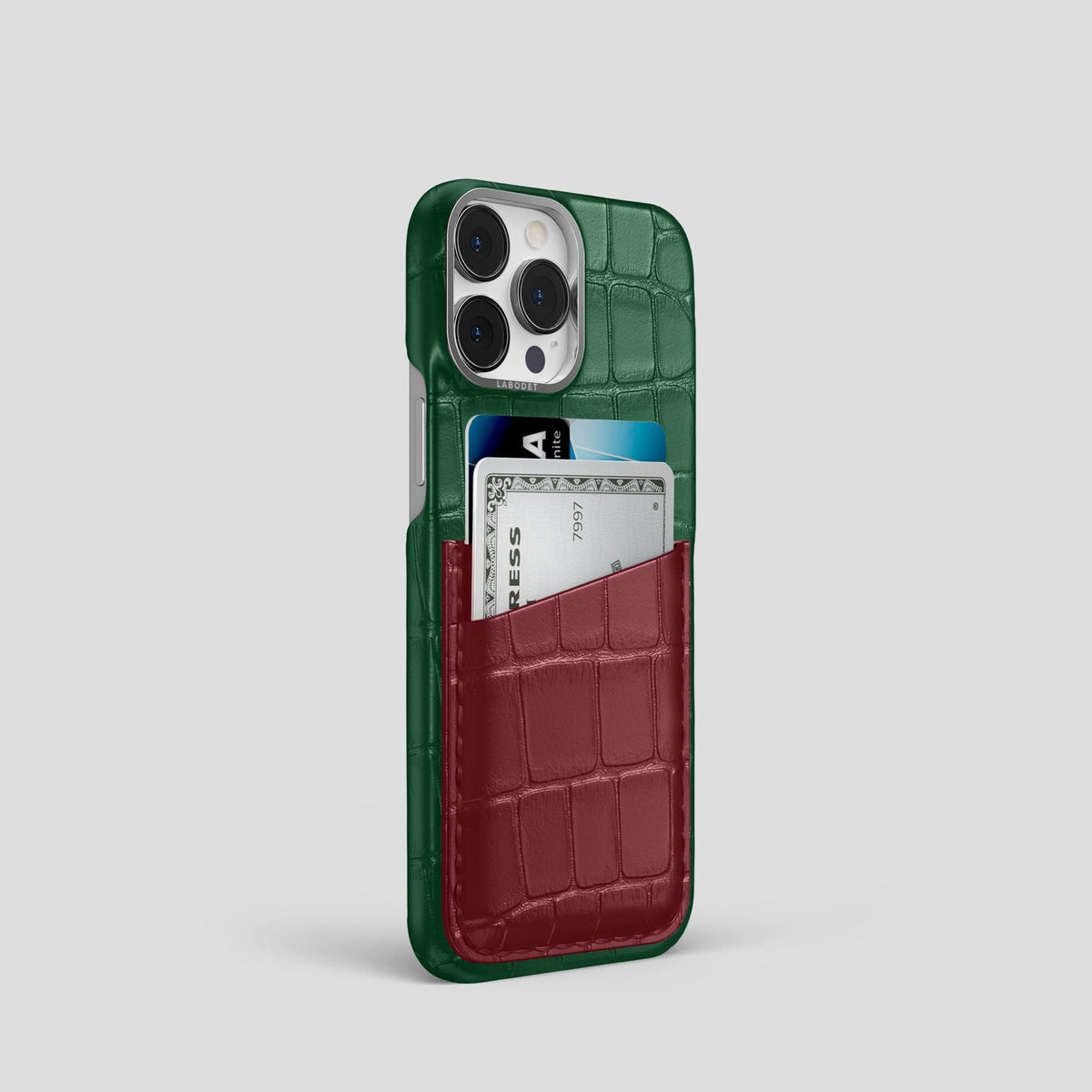 Green-Burgundy iPhone 14 Pro Card Case Alligator with Steel Metal -2 | Green-Burgundy-Steel