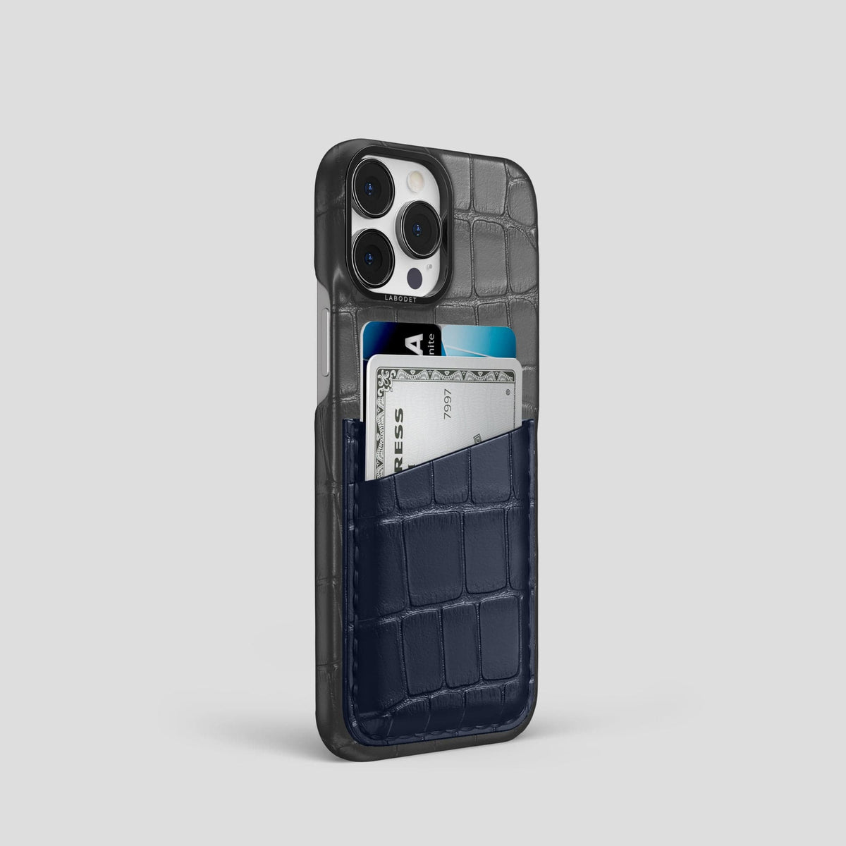 Grey-Navy-Blue iPhone 14 Pro Card Case Alligator with Black Metal -2 | Grey-Navy-Blue-Black