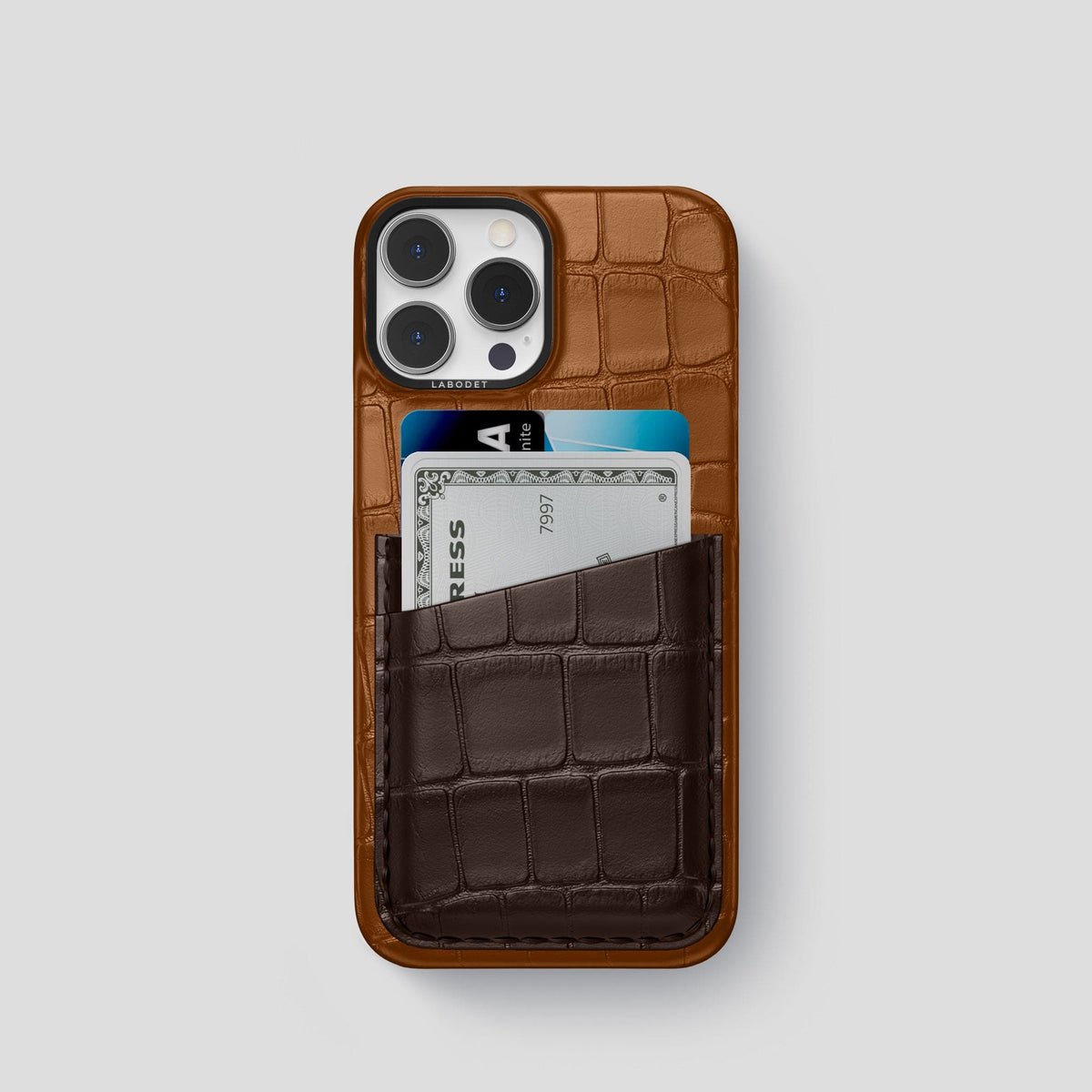 Honey-Dark-Brown iPhone 14 Pro Card Case Alligator with Black Metal -1 | Honey-Dark-Brown-Black
