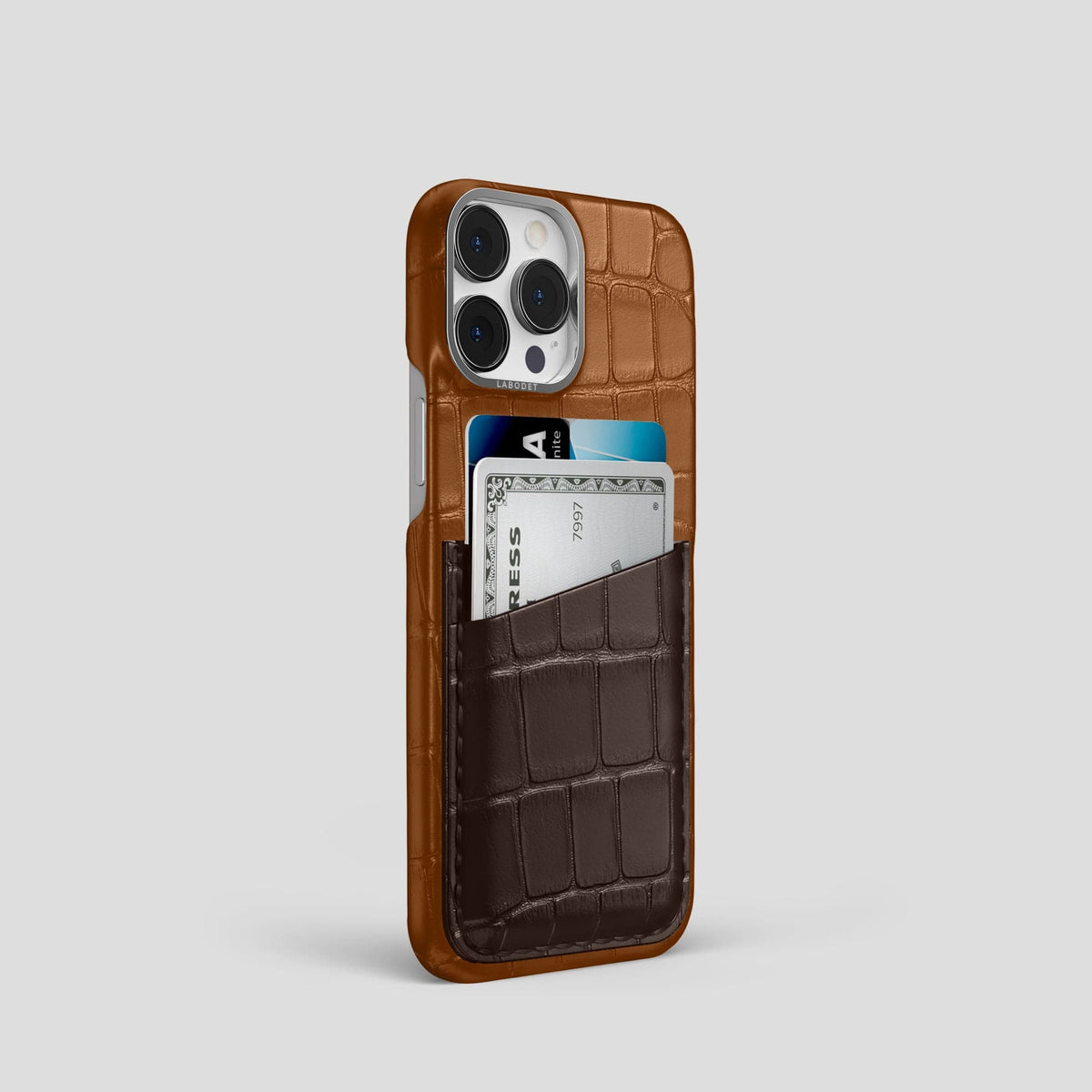 Honey-Dark-Brown iPhone 14 Pro Card Case Alligator with Steel Metal -2 | Honey-Dark-Brown-Steel