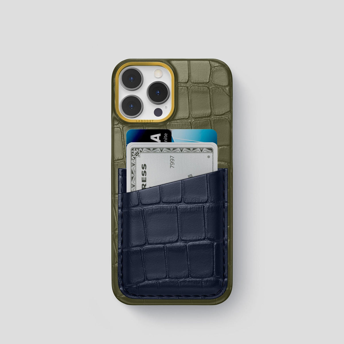 Kaki-Green-Navy-Blue iPhone 14 Pro Card Case Alligator with Gold Metal -1 | Kaki-Green-Navy-Blue-Gold