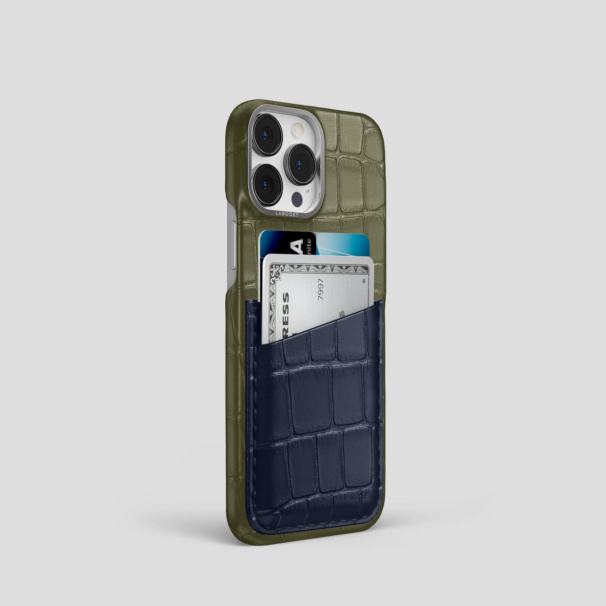 Kaki-Green-Navy-Blue iPhone 14 Pro Card Case Alligator with Steel Metal -2 | Kaki-Green-Navy-Blue-Steel