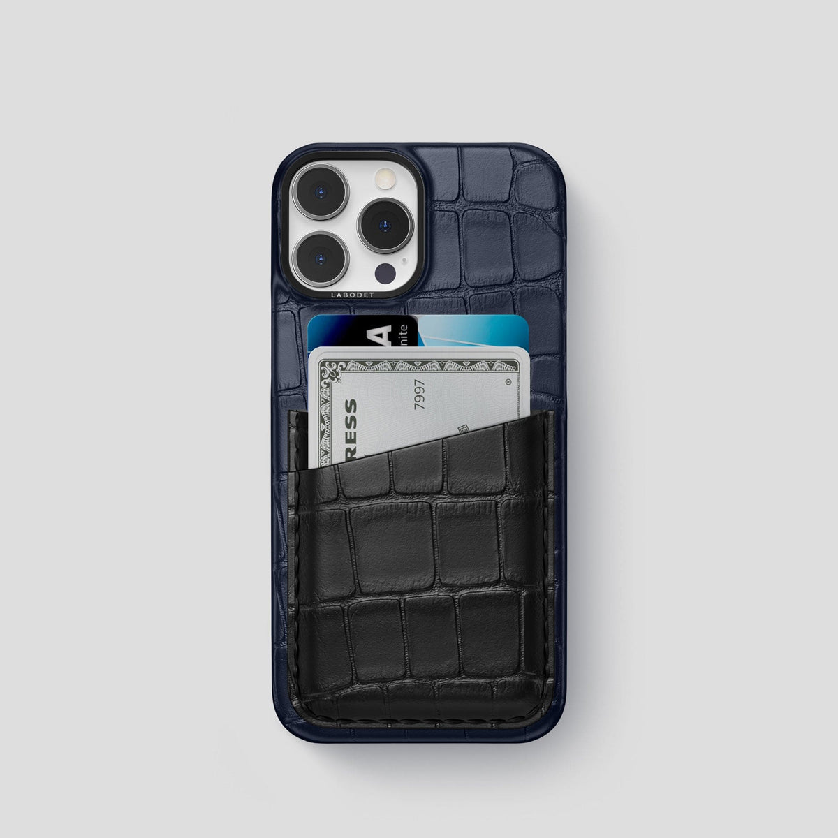 Navy-Blue-Black iPhone 14 Pro Card Case Alligator with Black Metal -1 | Navy-Blue-Black-Black