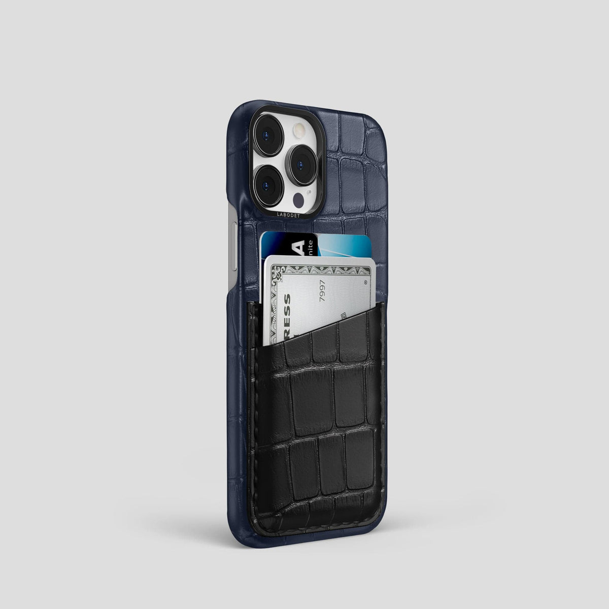 Navy-Blue-Black iPhone 14 Pro Card Case Alligator with Black Metal -2 | Navy-Blue-Black-Black