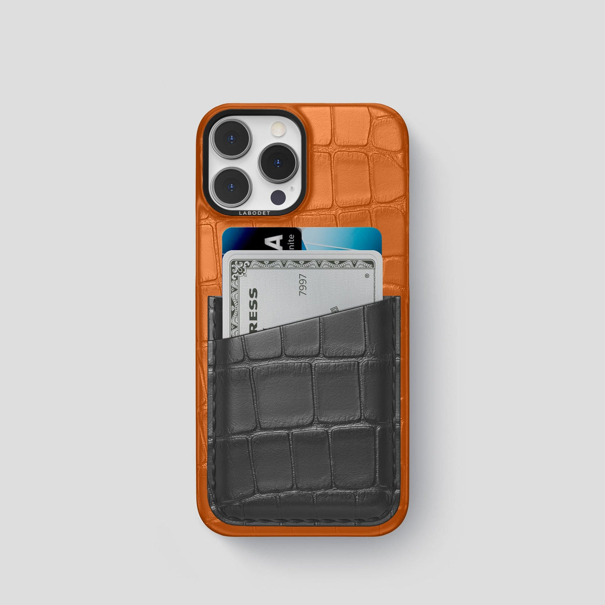 Orange-Grey iPhone 14 Pro Card Case Alligator with Black Metal -1 | Orange-Grey-Black