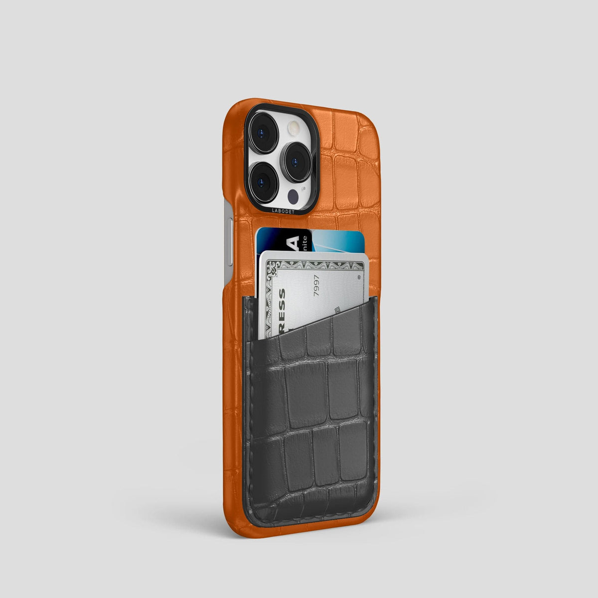 Orange-Grey iPhone 14 Pro Card Case Alligator with Black Metal -2 | Orange-Grey-Black