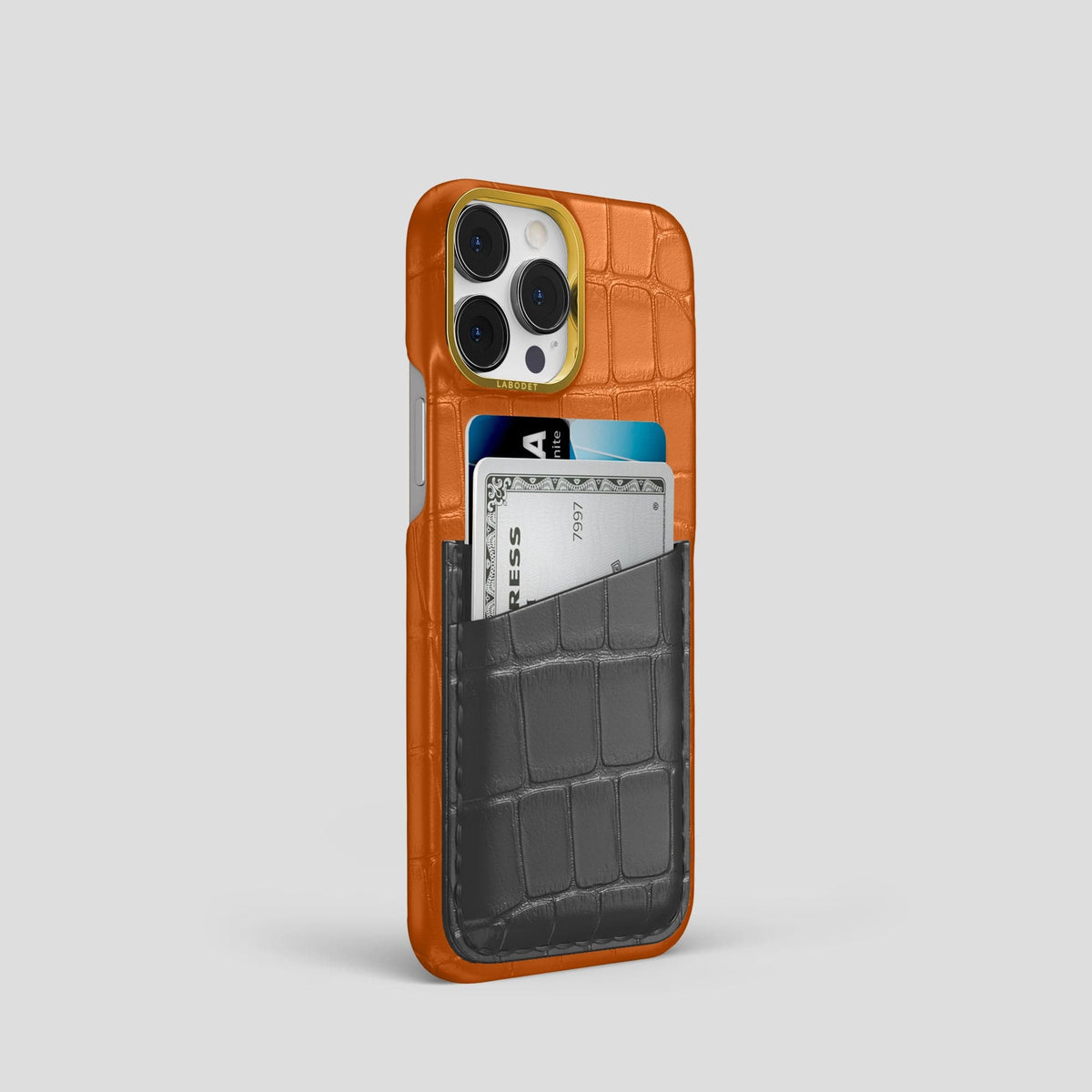 Orange-Grey iPhone 14 Pro Card Case Alligator with Gold Metal -2 | Orange-Grey-Gold