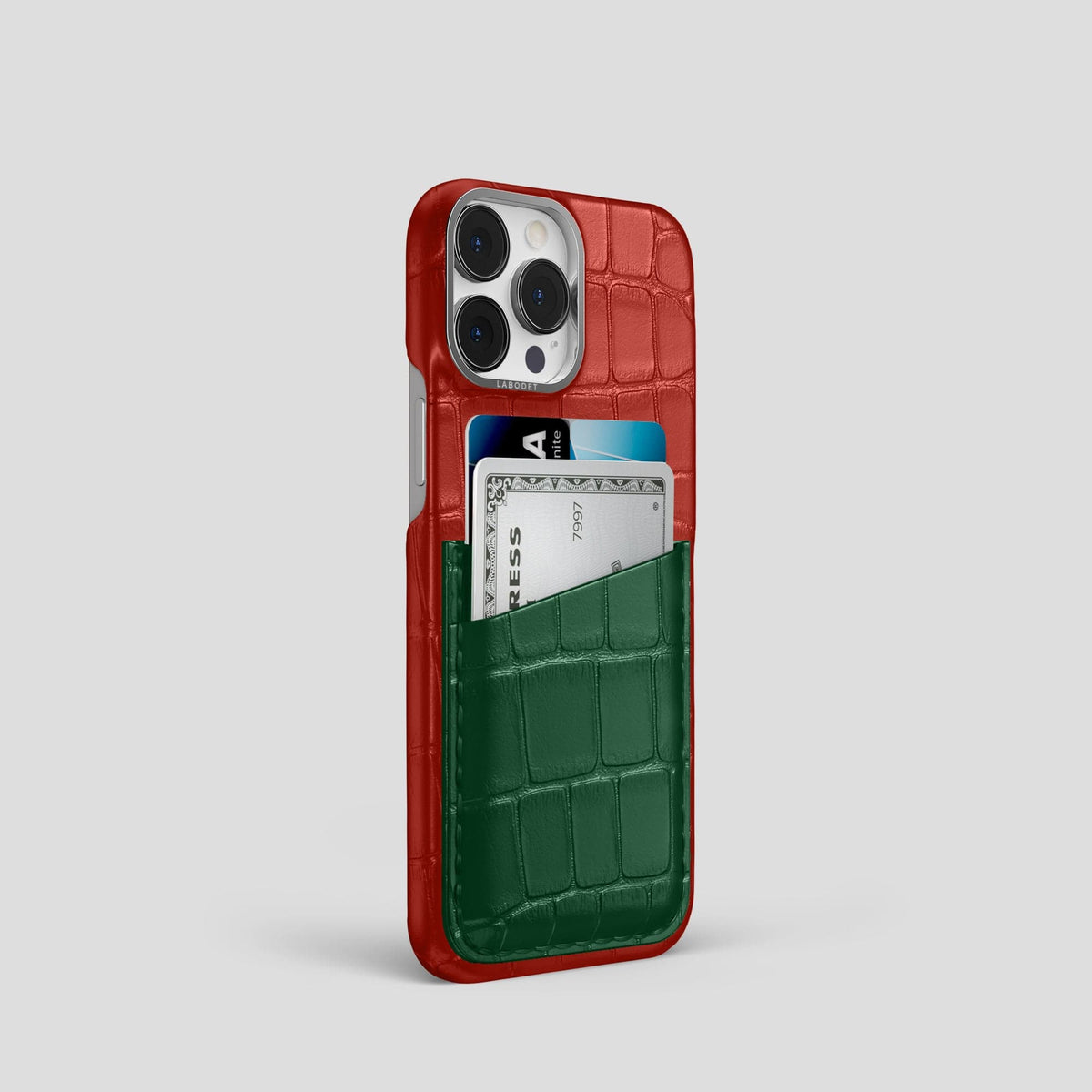 Red-Green iPhone 14 Pro Card Case Alligator with Steel Metal -2 | Red-Green-Steel