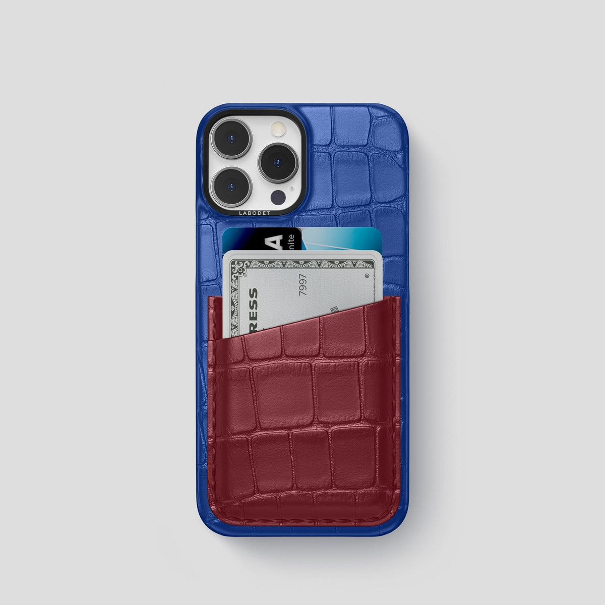 Royal-Blue-Burgundy iPhone 14 Pro Card Case Alligator with Black Metal -1 | Royal-Blue-Burgundy-Black