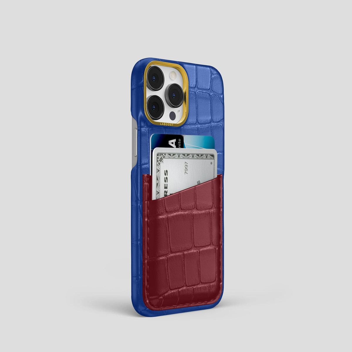 Royal-Blue-Burgundy iPhone 14 Pro Card Case Alligator with Gold Metal -2 | Royal-Blue-Burgundy-Gold