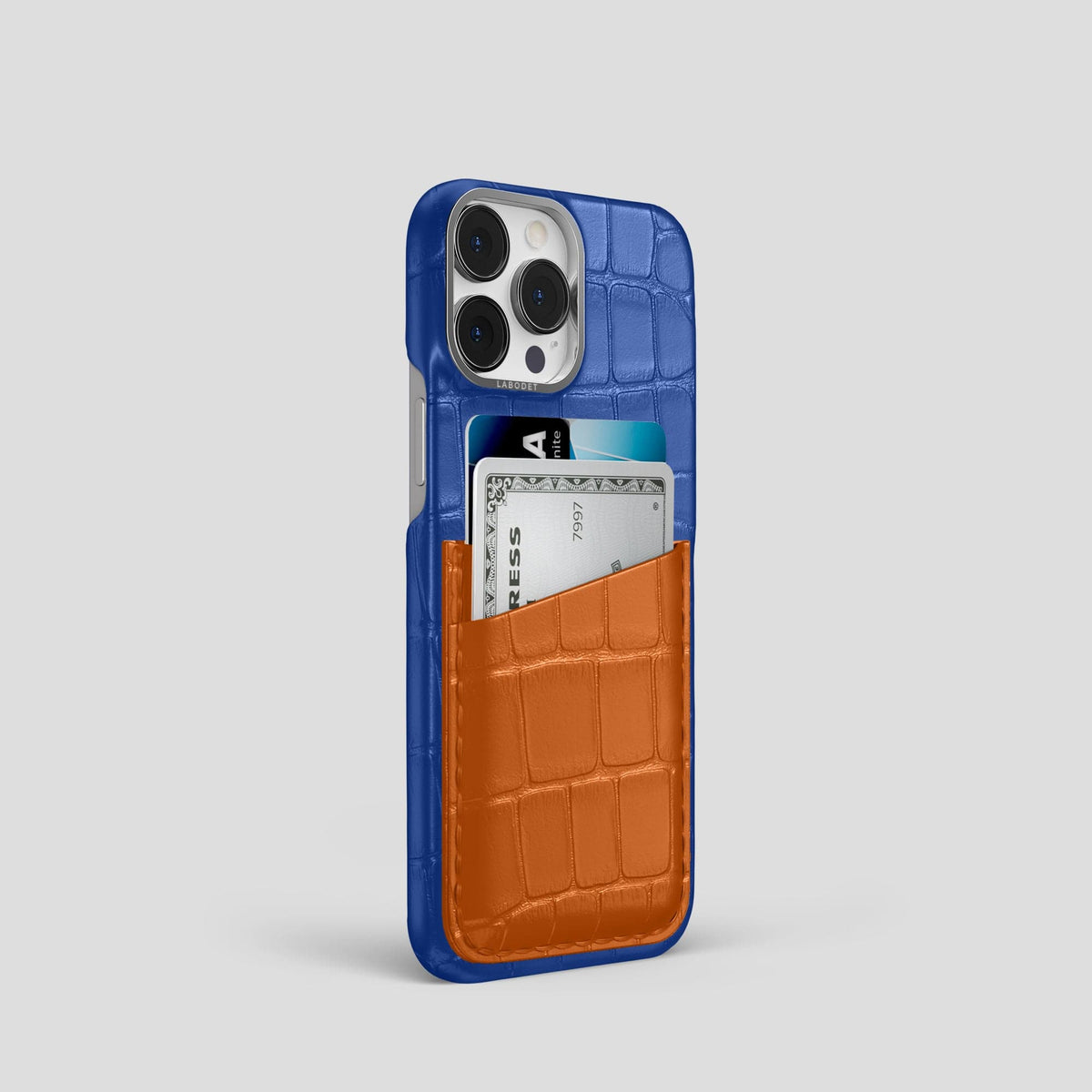 Royal-Blue-Orange iPhone 14 Pro Card Case Alligator with Steel Metal -2 | Royal-Blue-Orange-Steel