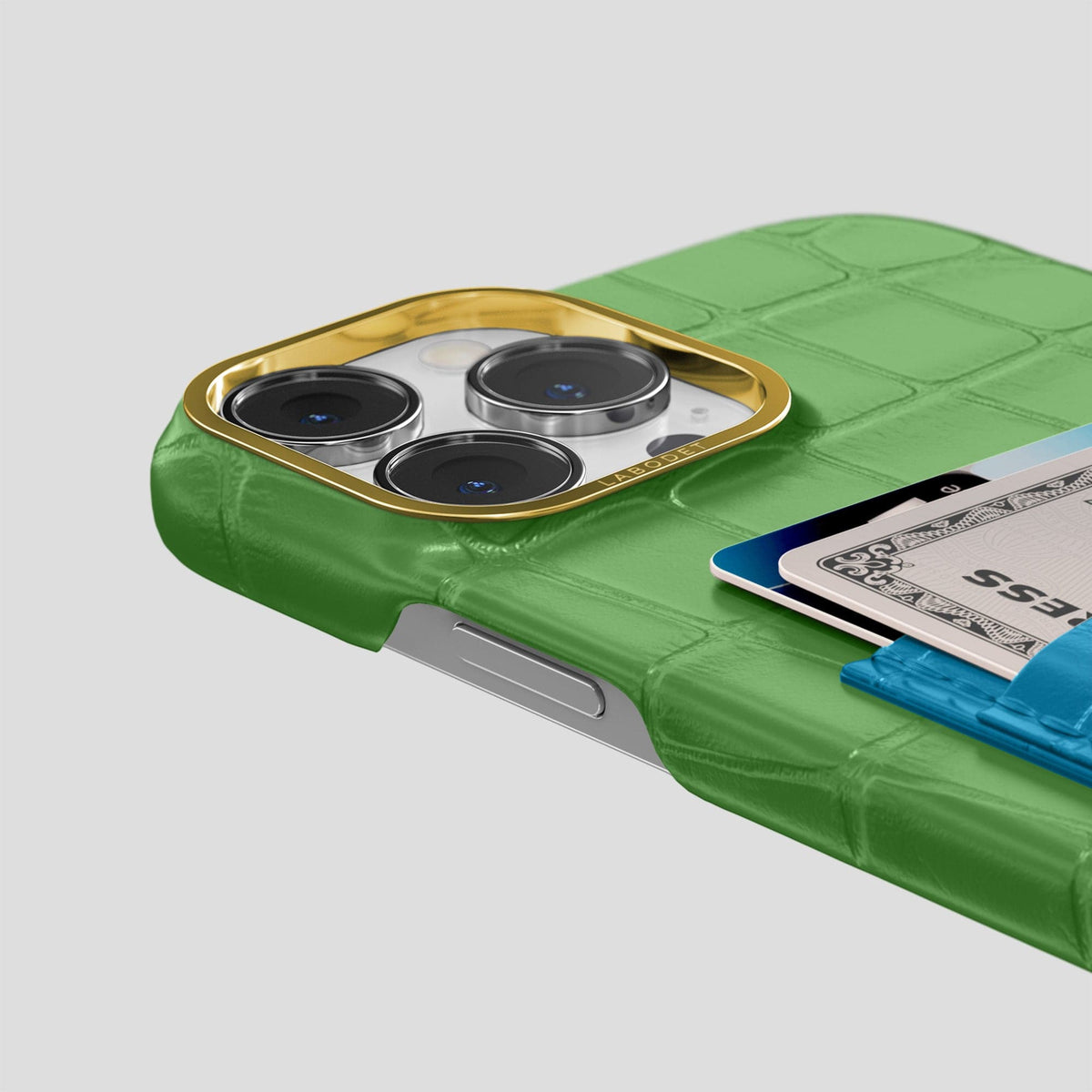 Apple-Green-Curaçao-Blue iPhone 14 Pro Max Card Case Alligator with Gold Metal -5 | Apple-Green-Curaçao-Blue-Gold
