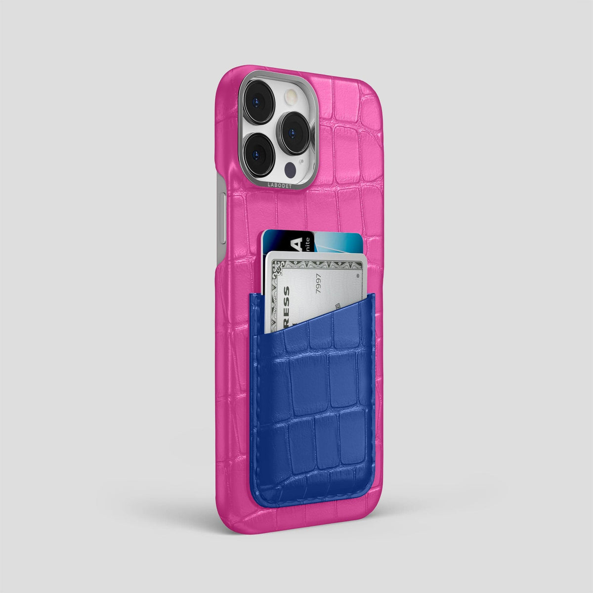 Fuchsia-Royal-Blue iPhone 14 Pro Max Card Case Alligator with Steel Metal -2 | Fuchsia-Royal-Blue-Steel