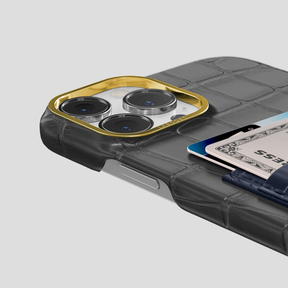 Grey-Navy-Blue iPhone 14 Pro Max Card Case Alligator with Gold Metal -5 | Grey-Navy-Blue-Gold