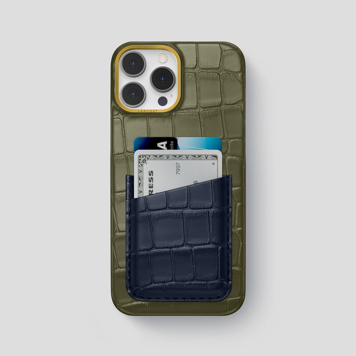 Kaki-Green-Navy-Blue iPhone 14 Pro Max Card Case Alligator with Gold Metal -1 | Kaki-Green-Navy-Blue-Gold