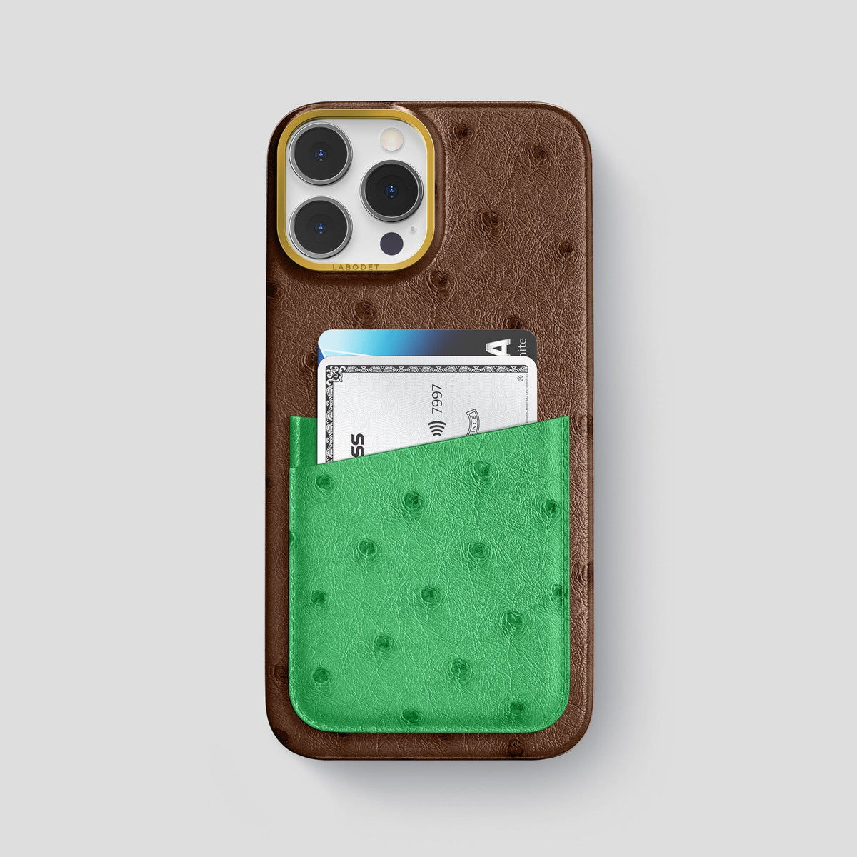 Chocolate-Kentucky-Green iPhone 14 Pro Max Card Case Colore Ostrich with Gold Metal -1 | Chocolate-Kentucky-Green-Gold