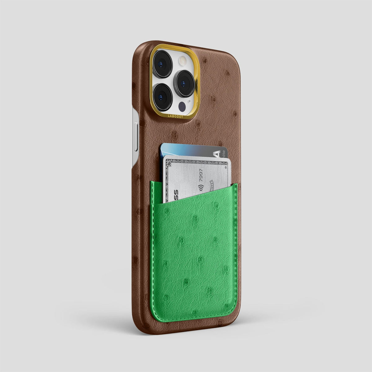 Chocolate-Kentucky-Green iPhone 14 Pro Max Card Case Colore Ostrich with Gold Metal -2 | Chocolate-Kentucky-Green-Gold