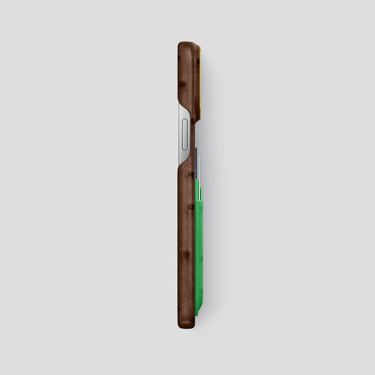 Chocolate-Kentucky-Green iPhone 14 Pro Max Card Case Colore Ostrich with Gold Metal -3 | Chocolate-Kentucky-Green-Gold