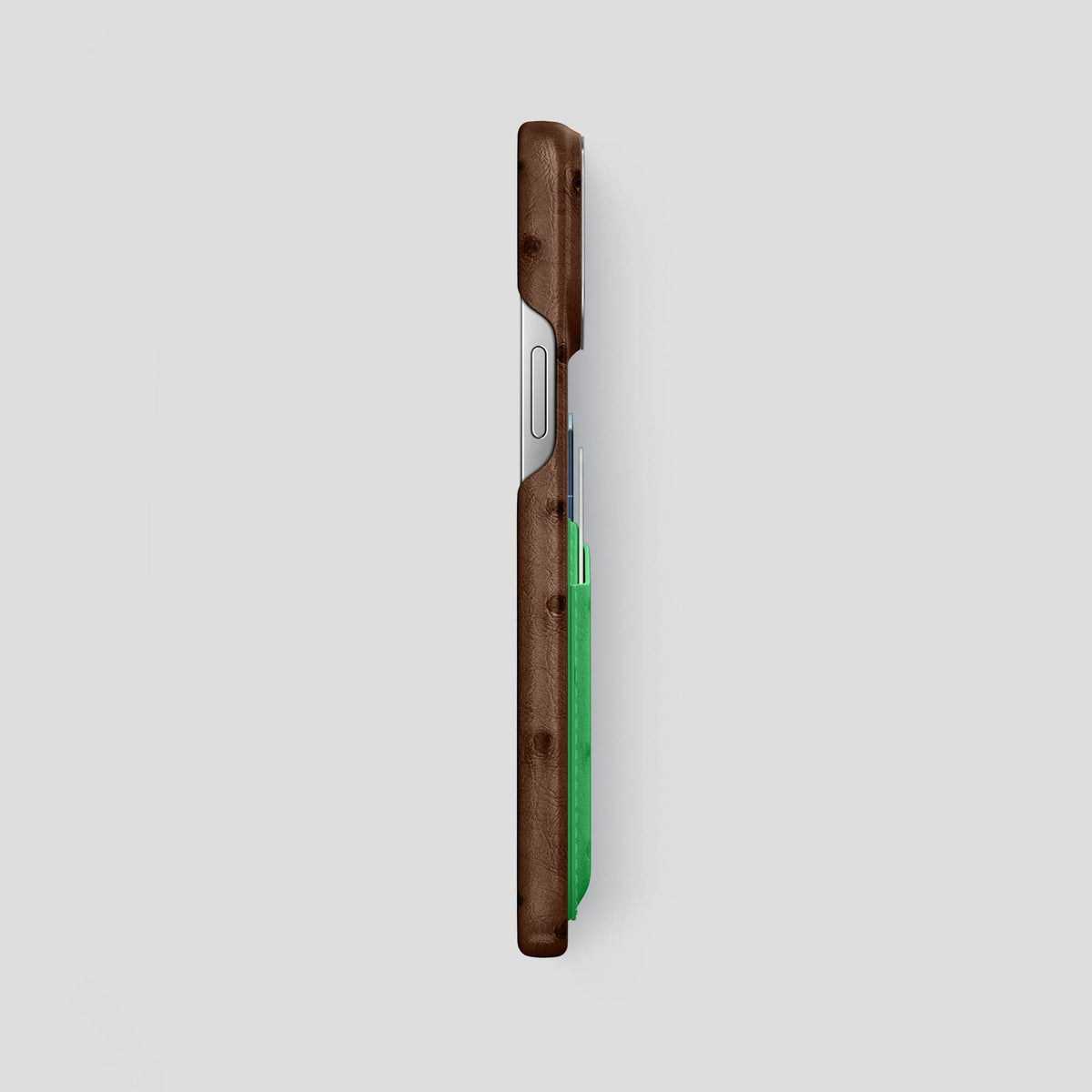 Chocolate-Kentucky-Green iPhone 14 Pro Max Card Case Colore Ostrich with Steel Metal -3 | Chocolate-Kentucky-Green-Steel