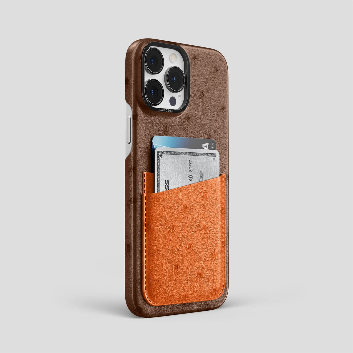 Chocolate-Medium-Brown iPhone 14 Pro Max Card Case Colore Ostrich with Black Metal -2 | Chocolate-Medium-Brown-Black
