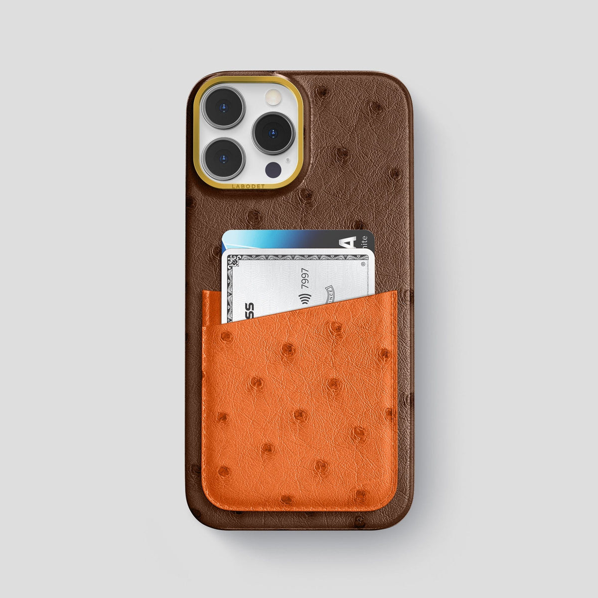 Chocolate-Medium-Brown iPhone 14 Pro Max Card Case Colore Ostrich with Gold Metal -1 | Chocolate-Medium-Brown-Gold