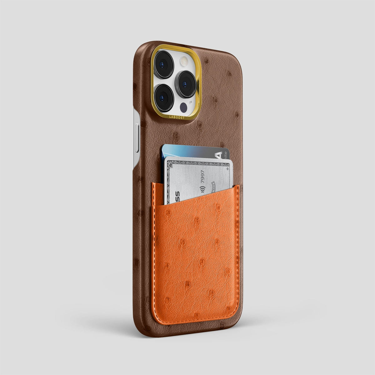 Chocolate-Medium-Brown iPhone 14 Pro Max Card Case Colore Ostrich with Gold Metal -2 | Chocolate-Medium-Brown-Gold