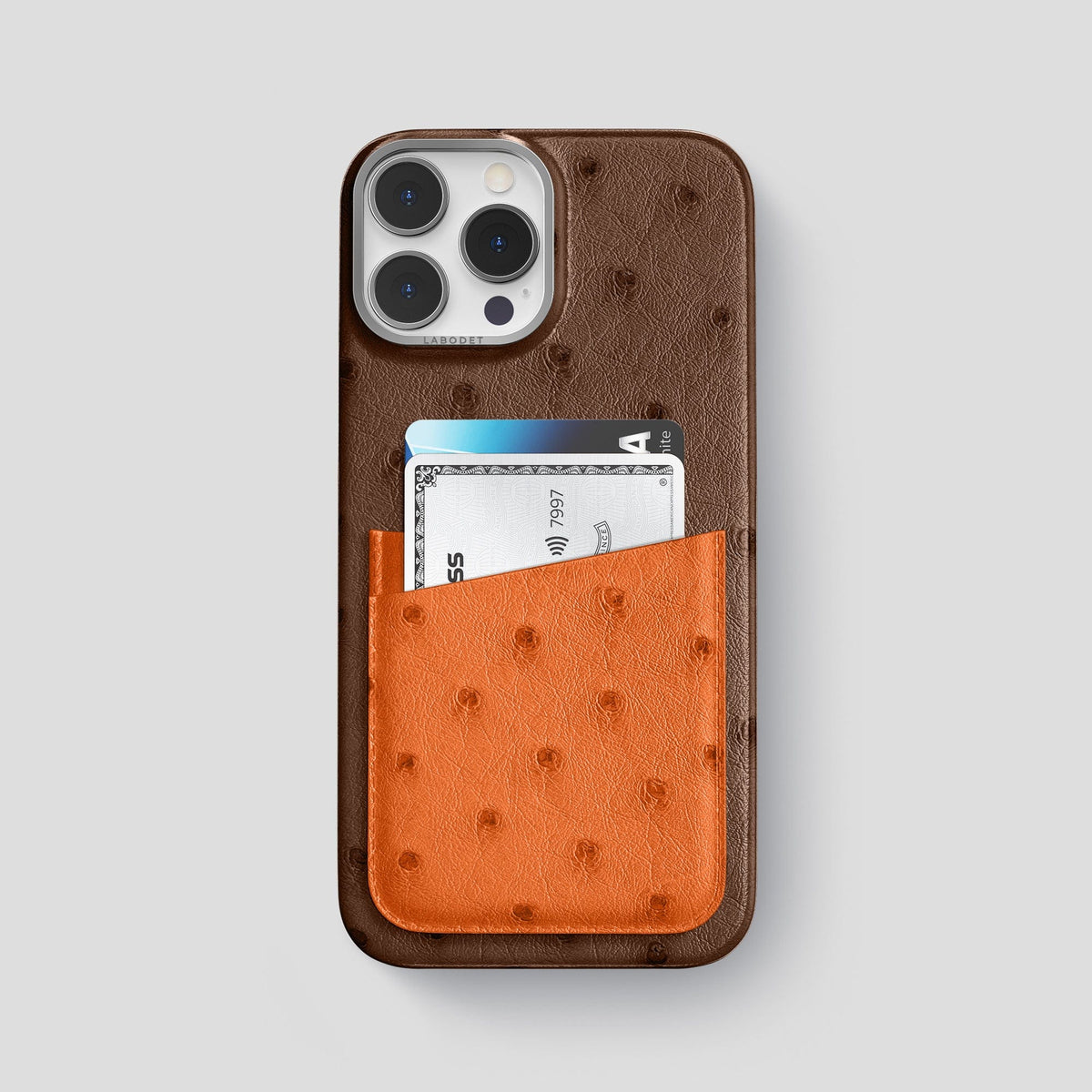 Chocolate-Medium-Brown iPhone 14 Pro Max Card Case Colore Ostrich with Steel Metal -1 | Chocolate-Medium-Brown-Steel
