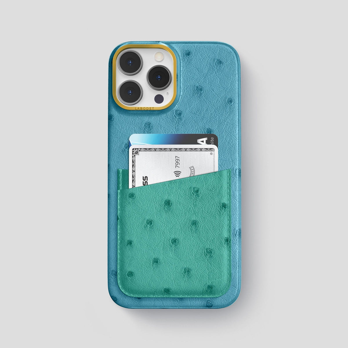 Blue-Jeans-Green iPhone 14 Pro Max Card Case Colore Ostrich with Gold Metal -1 | Blue-Jeans-Green-Gold