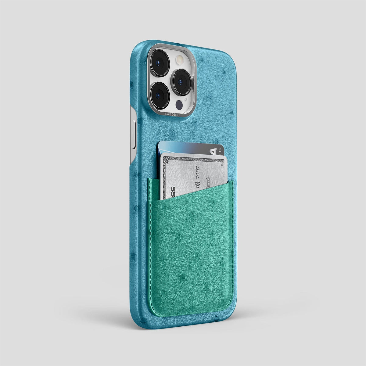 Blue-Jeans-Green iPhone 14 Pro Max Card Case Colore Ostrich with Steel Metal -2 | Blue-Jeans-Green-Steel