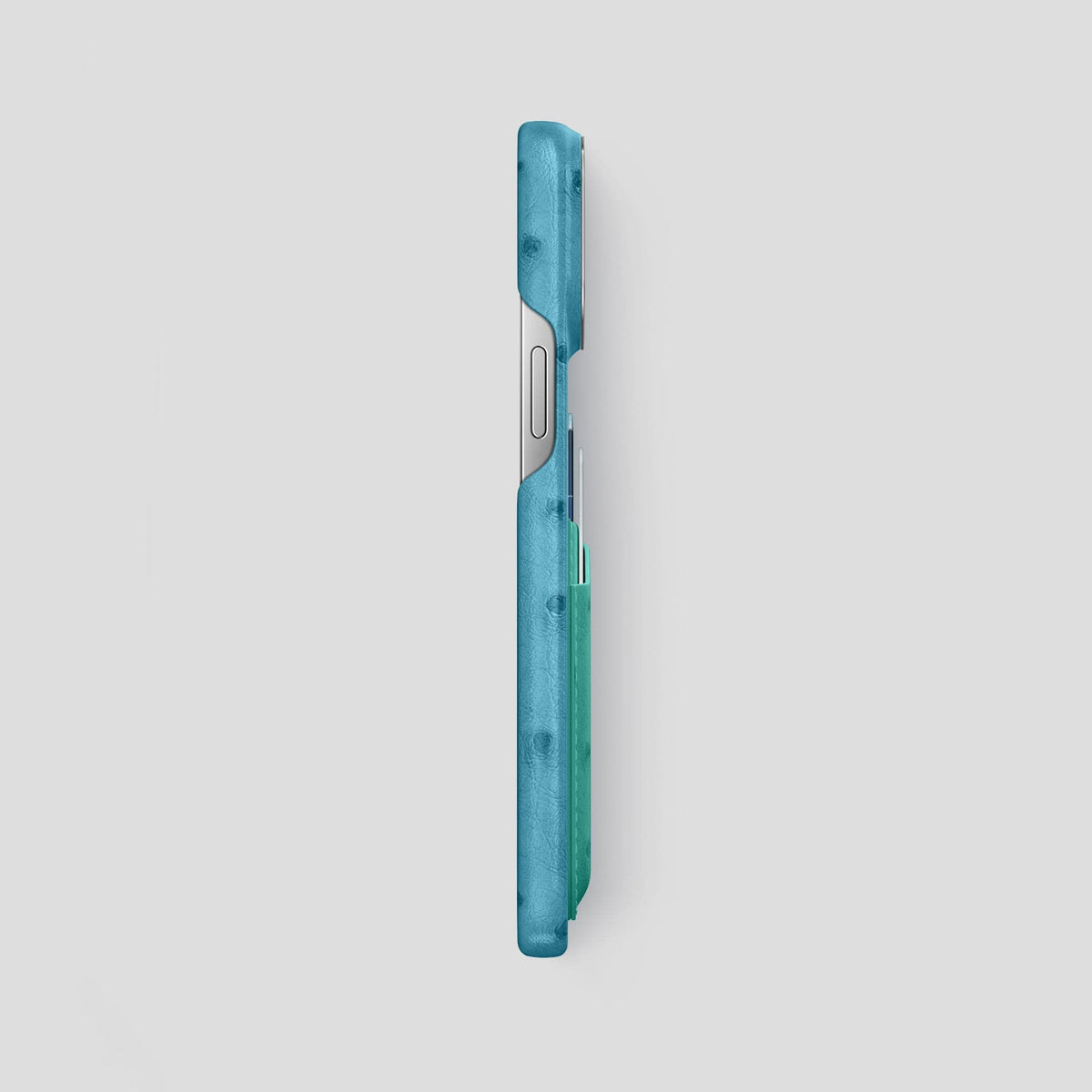 Blue-Jeans-Green iPhone 14 Pro Max Card Case Colore Ostrich with Steel Metal -3 | Blue-Jeans-Green-Steel
