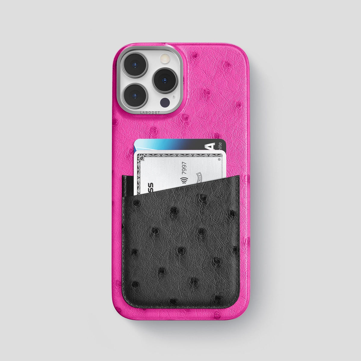 Fuchsia-Black iPhone 14 Pro Max Card Case Colore Ostrich with Steel Metal -1 | Fuchsia-Black-Steel