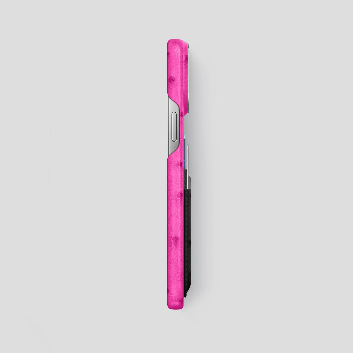 Fuchsia-Black iPhone 14 Pro Max Card Case Colore Ostrich with Steel Metal -3 | Fuchsia-Black-Steel