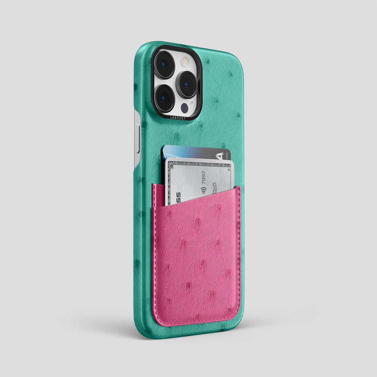 Green-Petal-Pink iPhone 14 Pro Max Card Case Colore Ostrich with Black Metal -2 | Green-Petal-Pink-Black