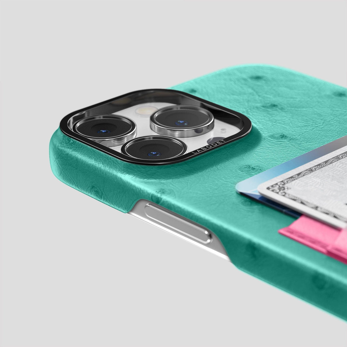 Green-Petal-Pink iPhone 14 Pro Max Card Case Colore Ostrich with Black Metal -5 | Green-Petal-Pink-Black