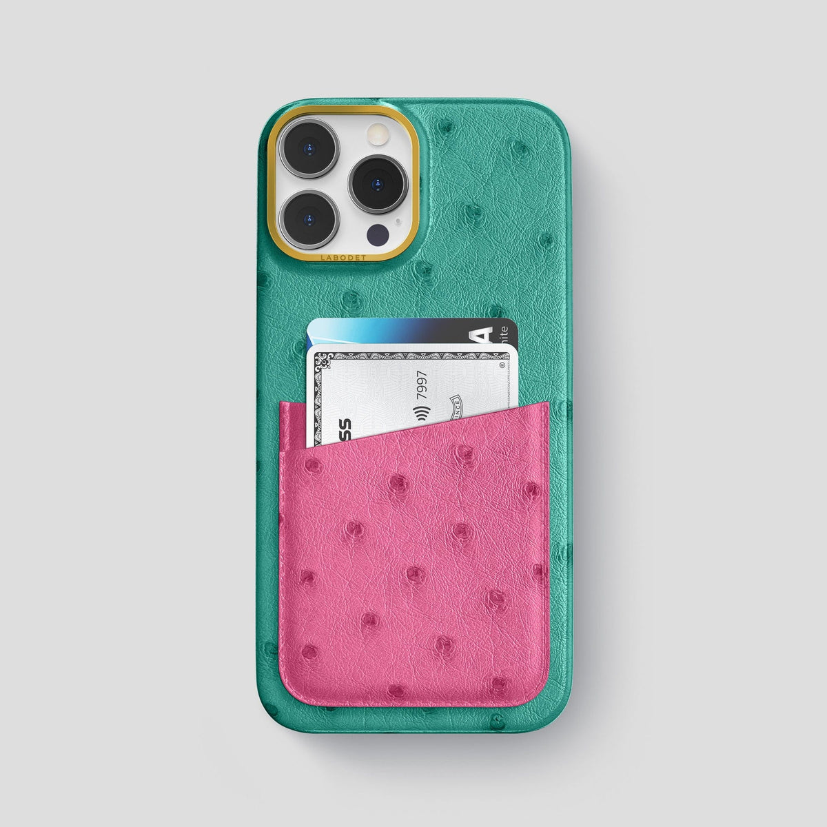 Green-Petal-Pink iPhone 14 Pro Max Card Case Colore Ostrich with Gold Metal -1 | Green-Petal-Pink-Gold