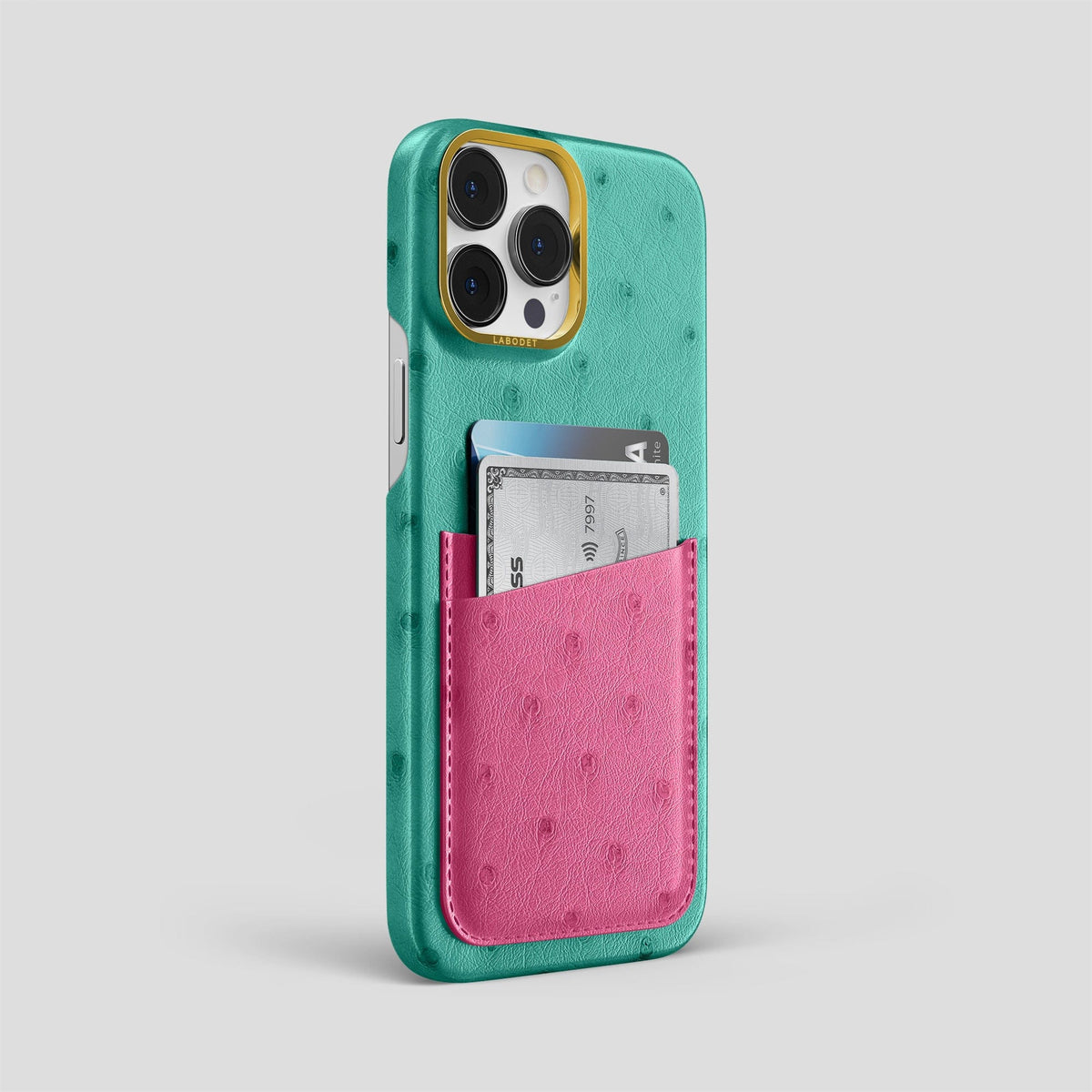 Green-Petal-Pink iPhone 14 Pro Max Card Case Colore Ostrich with Gold Metal -2 | Green-Petal-Pink-Gold
