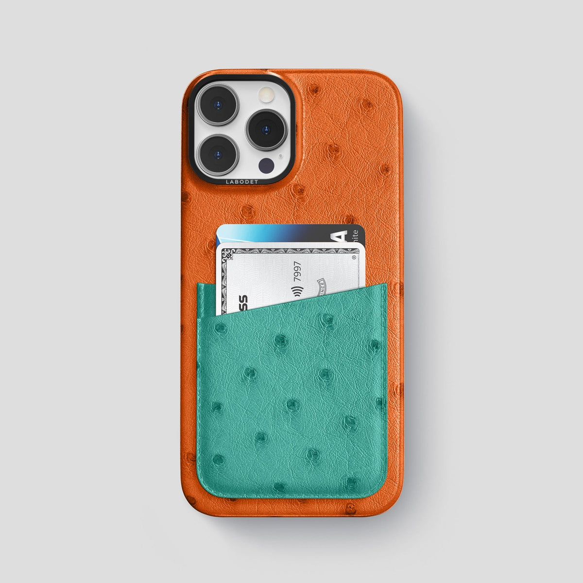 Medium-Brown-Green iPhone 14 Pro Max Card Case Colore Ostrich with Black Metal -1 | Medium-Brown-Green-Black