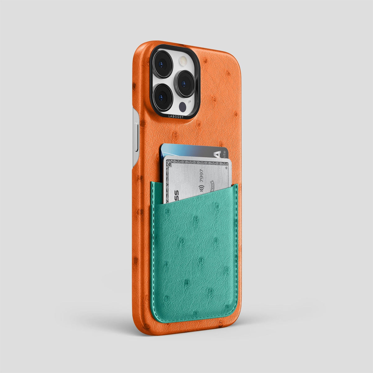 Medium-Brown-Green iPhone 14 Pro Max Card Case Colore Ostrich with Black Metal -2 | Medium-Brown-Green-Black
